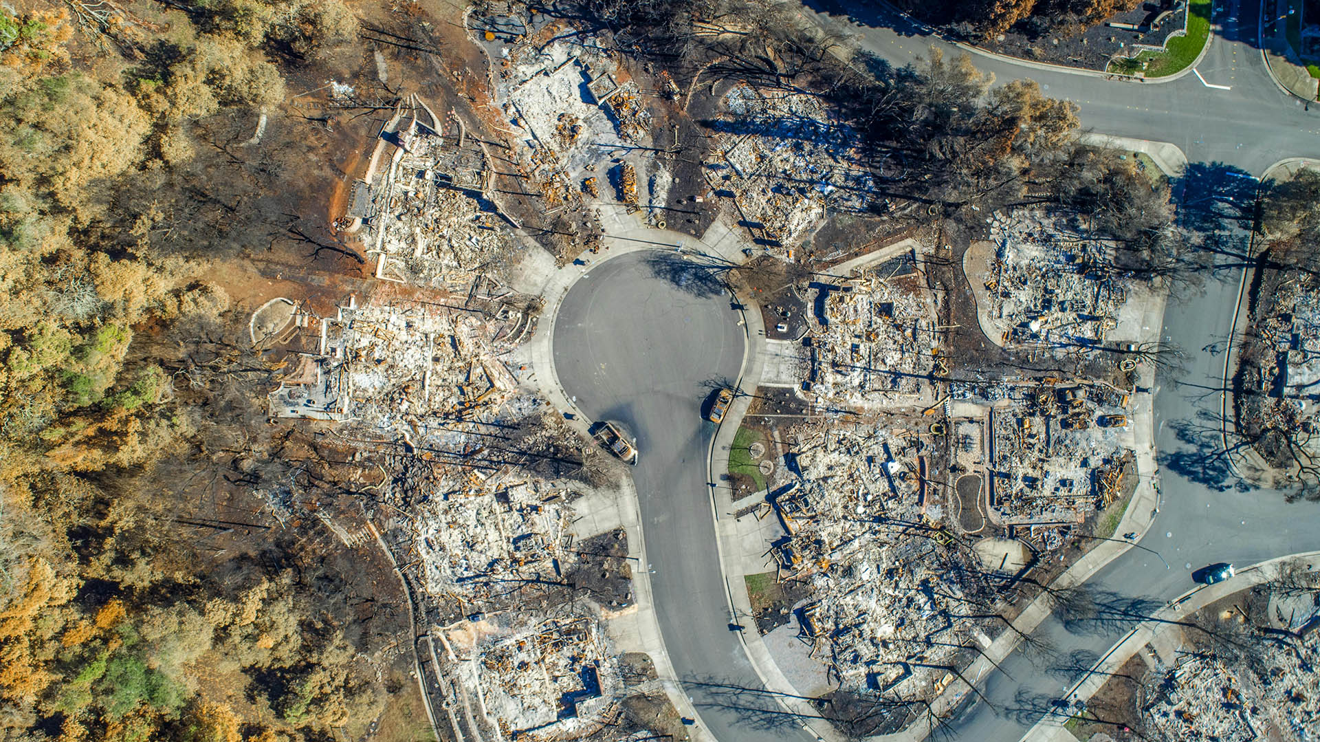 An aerial view showing the devastation caused by a wildfire, with numerous homes reduced to rubble in a residential area.