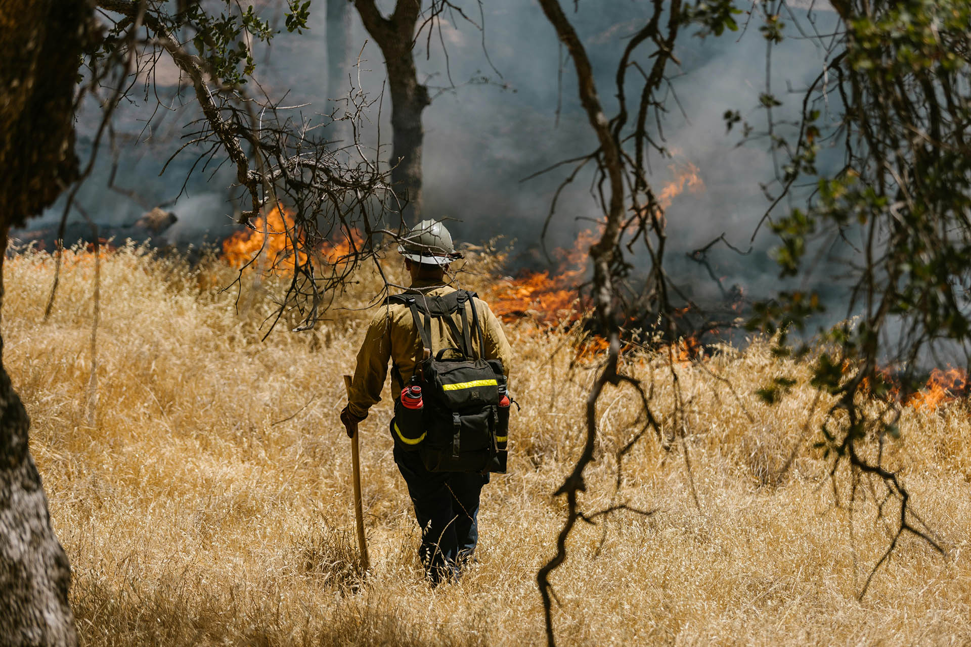 A firefighter in protective gear walking through dry, grassy terrain with active flames in the background.