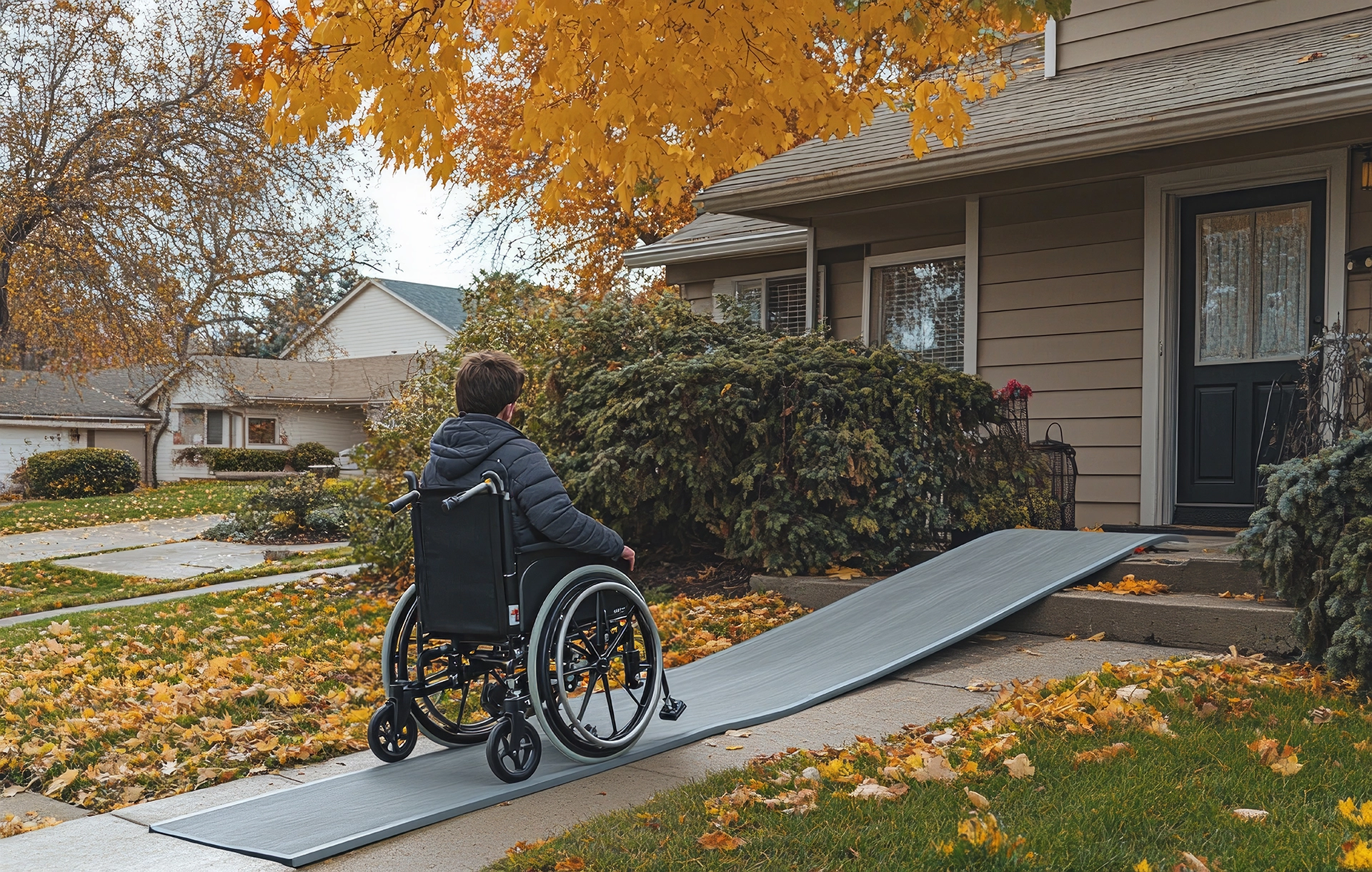 A person in a wheelchair ascending a portable ramp leading to the front door of a house, surrounded by autumn leaves.