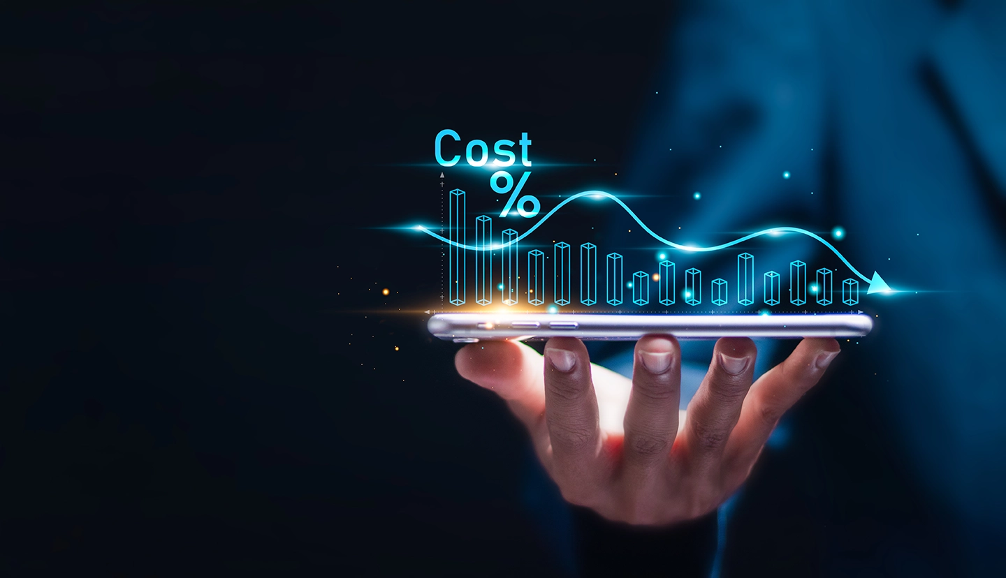 A hand holding a smartphone with a holographic display showing cost percentages, graphs, and trends.